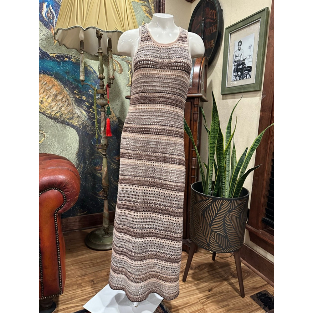 Women's by the River Brown & Beige Striped Crochet Knit Midi Dress M - Picture 5 of 12